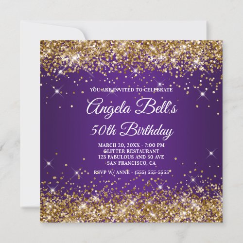 Sparkly Gold Glitter Royal Purple 50th Birthday Invitation