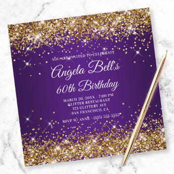 Sparkly Gold Glitter Royal Purple 60th Birthday Invitation by annaleeblysse at Zazzle
