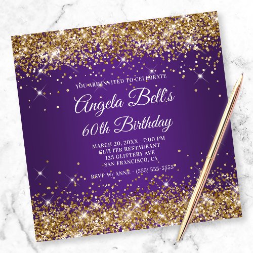 Sparkly Gold Glitter Royal Purple 60th Birthday Invitation