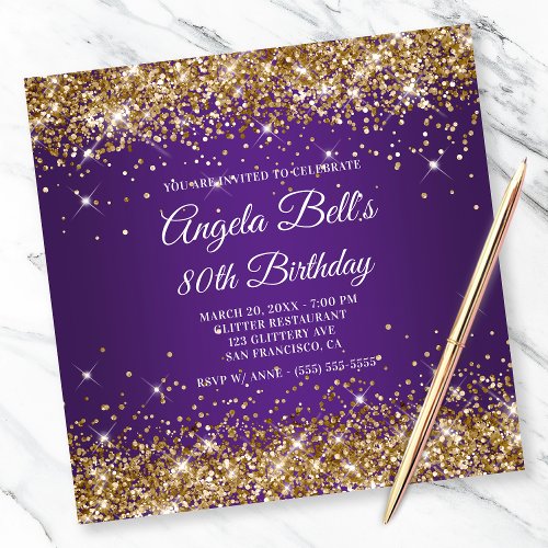 Sparkly Gold Glitter Royal Purple 80th Birthday Invitation
