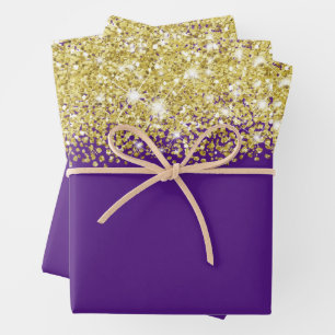 Sparkly Gold Glitter Royal Purple Faux  Wrapping Paper Sheets