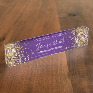 Sparkly Gold Glitter Royal Purple Gradient Desk Name Plate