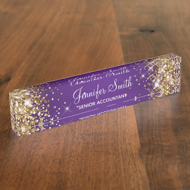Sparkly Gold Glitter Royal Purple Gradient Desk Name Plate (Side)