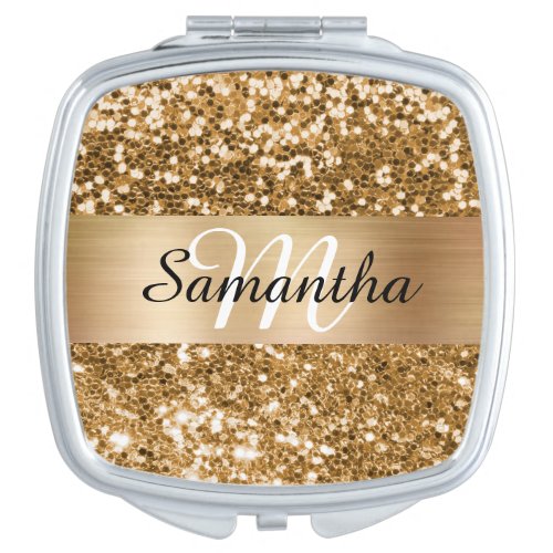 Sparkly Gold Glitter Shimmer Foil Monogram Compact Mirror