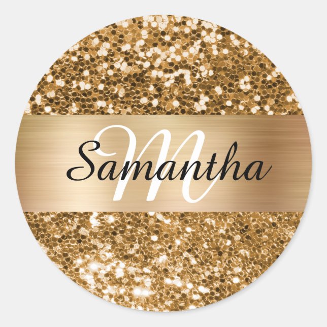 Sparkly Gold Glitter Shimmer Monogram Classic Round Sticker (Front)