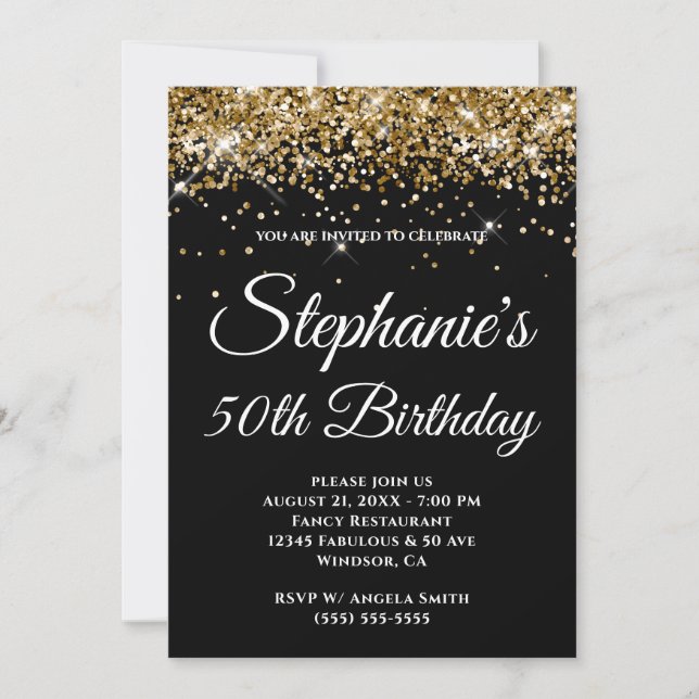 Sparkly Gold Glitter Solid Color Black Invitation (Front)