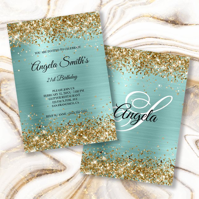 Sparkly Gold Glitter Turquoise Foil Monogram Invitation (Creator Uploaded)