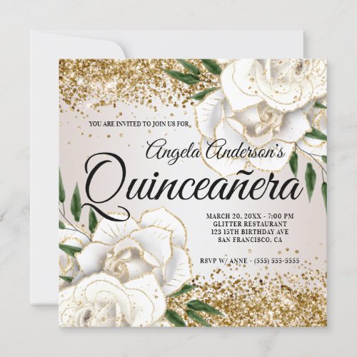 Sparkly Gold Glitter White Rose Glam Quinceaera Invitation