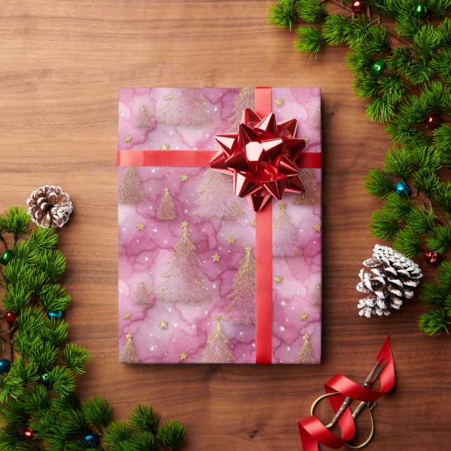 Sparkly Gold Holiday Tree on Pink Wrapping Paper (Holiday Gift)