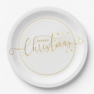 Sparkly Gold Merry Christmas Topography Paper Plates