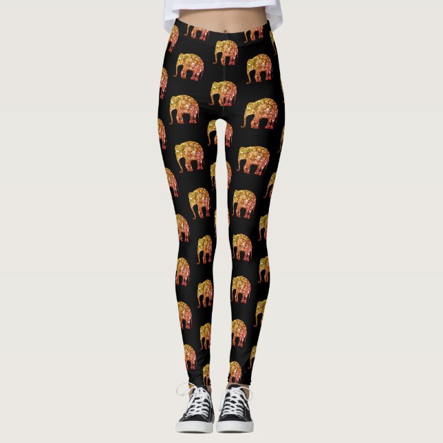 Sparkly gold orange ombre Elephant pattern black Leggings (Front)
