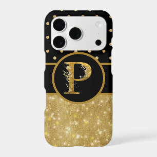 Sparkly Gold & Polka Dots on Black Monogram P iPhone 17 Pro Case