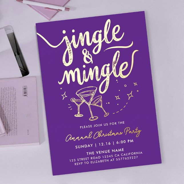Sparkly Gold Purple Jingle Mingle Cocktail Doodles Foil Invitation (Creator Uploaded)