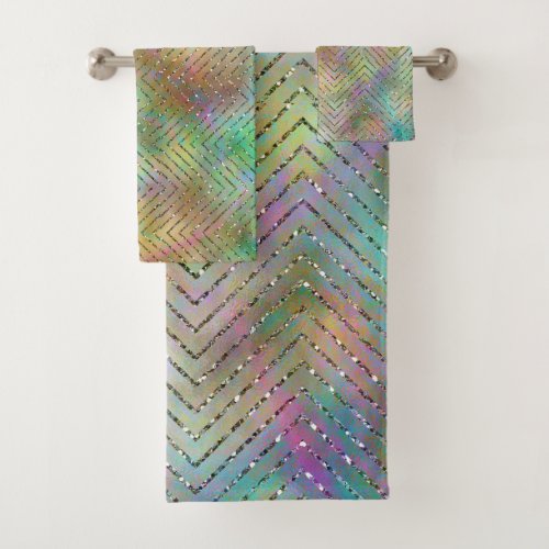 Sparkly Gold Rainbow Lights Chevron Pattern Print Bath Towel Set