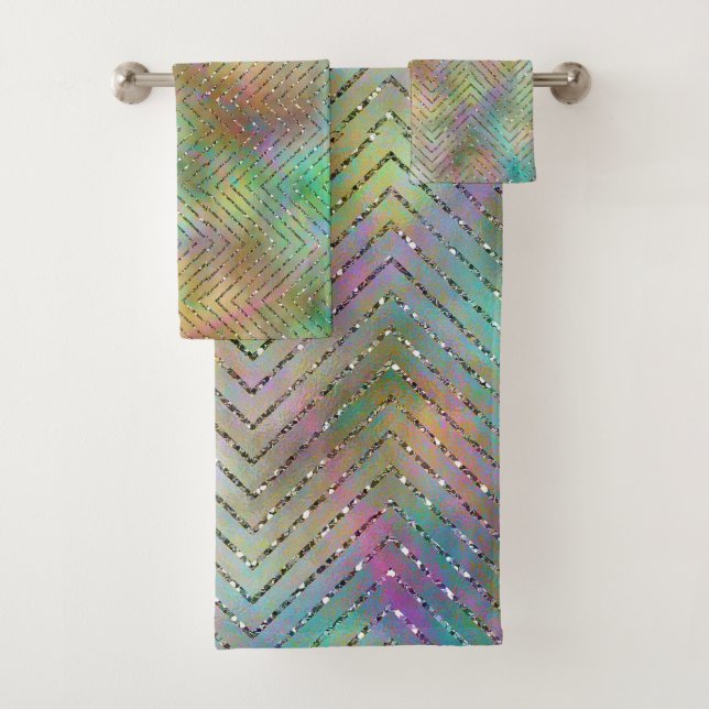 Sparkly Gold Rainbow Lights Chevron Pattern Print Bath Towel Set (Insitu)
