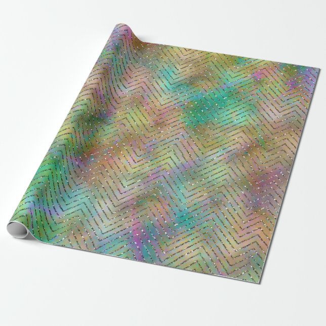 Sparkly Gold Rainbow Lights Chevron Pattern Print Wrapping Paper (Unrolled)