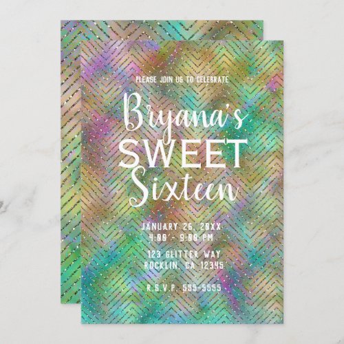 Sparkly Gold Rainbow Lights Chevron Sweet 16 Party Invitation