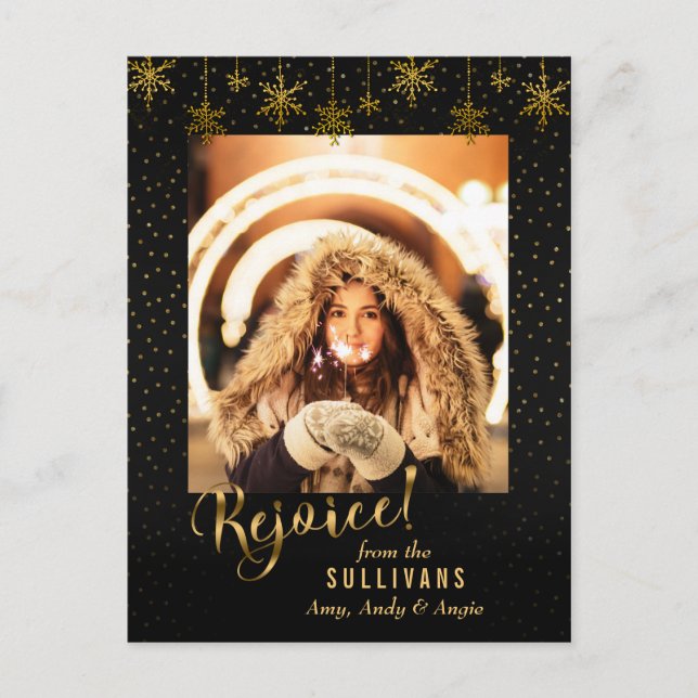 Sparkly Gold Snowflake Rejoice Photo Card (Front)