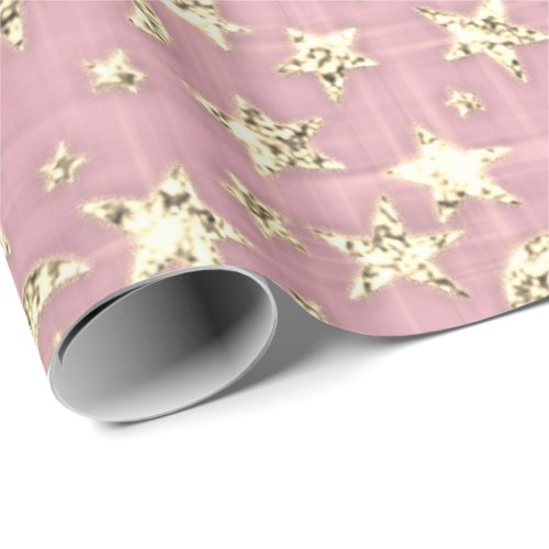 Sparkly Gold Stars Moon Pink Pastel Sky Black Wrapping Paper
