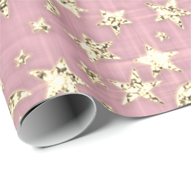 Sparkly Gold Stars Moon Pink Pastel Sky Black Wrapping Paper (Roll Corner)