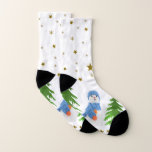 Sparkly gold stars, snowman and green tree socks<br><div class="desc">Hand sewn snowman from white sock and filled with grain,  crochet blue hat and scarf and glued eyes and mouth black plastic and glued nose from red pearl with gold border,  green tree and gold sparkly stars on white background on socks.
You must know that you get a photo!</div>