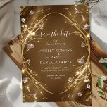 Sparkly Golden Glam Floral Save The Date Invitation<br><div class="desc">Elegant,  modern,  and delicate Mystical Sparkly Golden Glam Floral Save The Date wedding invitation that you can customize with your info to make it furthermore special. The romantic minimalist design features lovely and elegant calligraphy on a Beautiful background with a clean and simple look.</div>