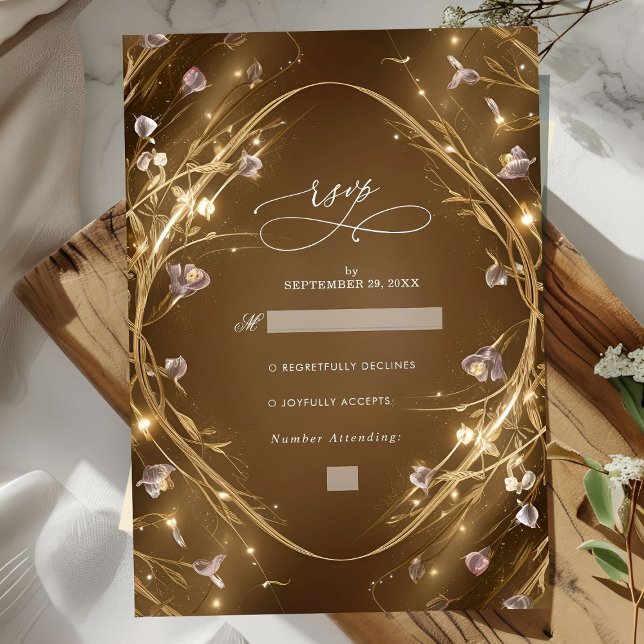 Sparkly Golden Glam Floral Wedding RSVP Card (Creator Uploaded)