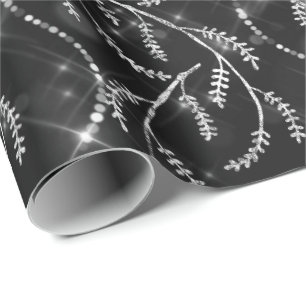 Sparkly Gray Black Laurel Floral Silver Diamonds Wrapping Paper