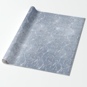 Sparkly Gray Blue Laurel Floral Silver Diamonds Wrapping Paper