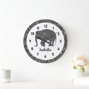 Sparkly gray Elephant Custom name Large Clock