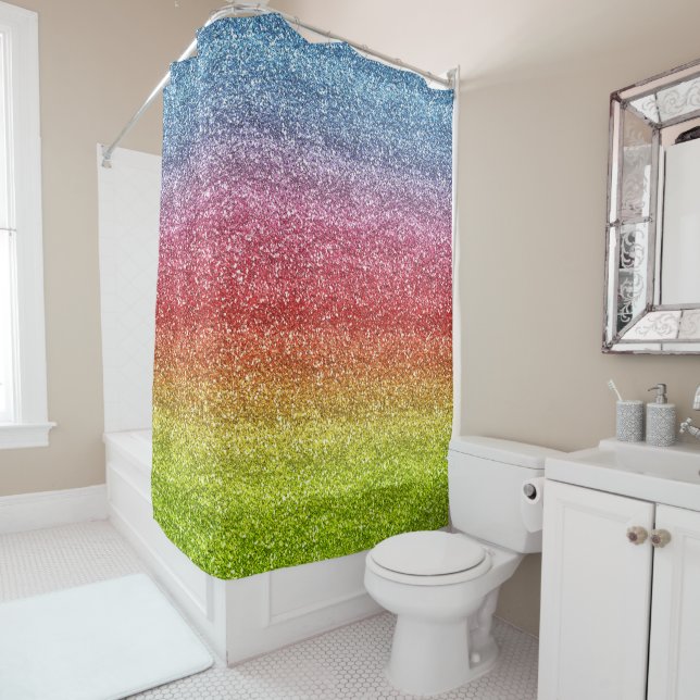 Sparkly Gray, Red & Yellow Gradient Glitter Shower Curtain (In Situ)