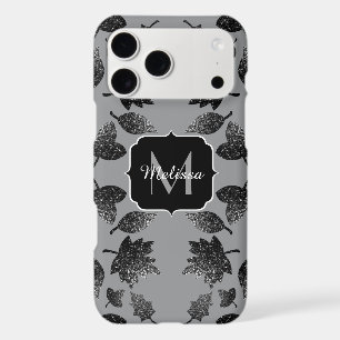 Sparkly gray silver leaves autumn pattern Monogram iPhone 17 Pro Max Case