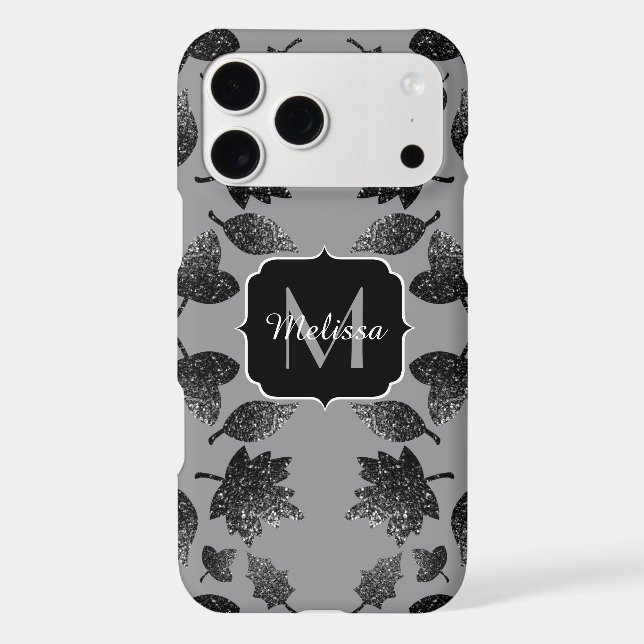 Sparkly gray silver leaves autumn pattern Monogram iPhone Case (Back)
