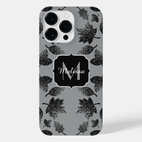 Sparkly gray silver leaves autumn pattern Monogram iPhone 14 Pro Max Case