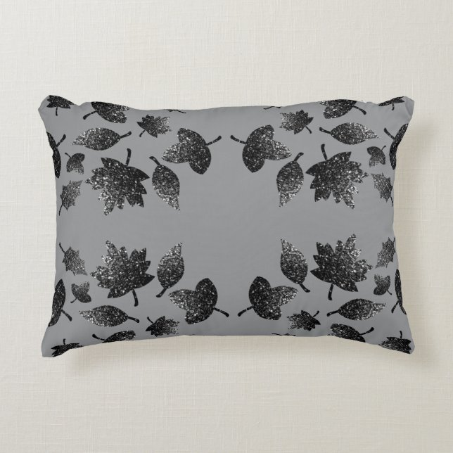 Sparkly gray silver leaves fall autumn pattern accent pillow (Front)