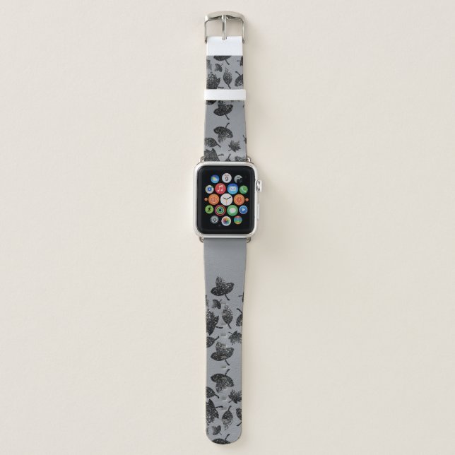 Sparkly gray silver leaves fall autumn pattern apple watch band (Front)
