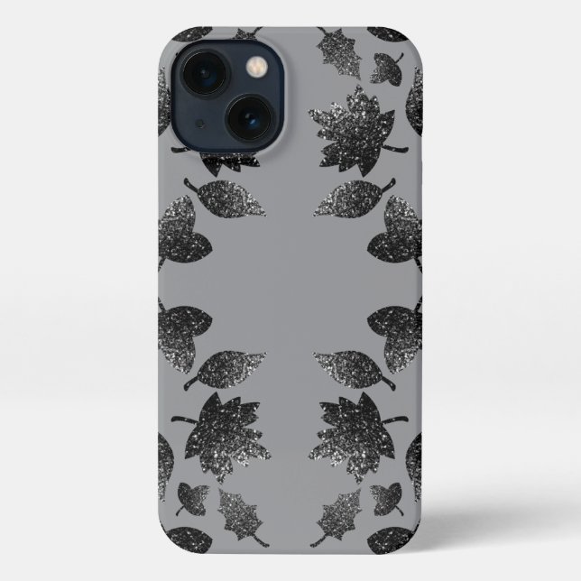 Sparkly gray silver leaves fall autumn pattern iPhone case (Back)