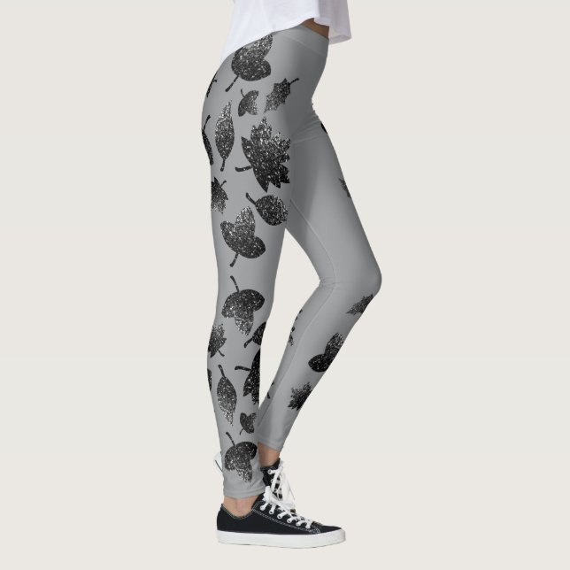 Sparkly gray silver leaves fall autumn pattern leggings (Right)