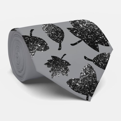 Sparkly gray silver leaves fall autumn pattern neck tie