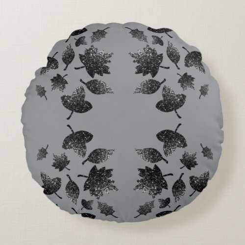 Sparkly gray silver leaves fall autumn pattern round pillow