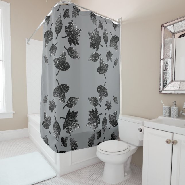 Sparkly gray silver leaves fall autumn pattern shower curtain (In Situ)