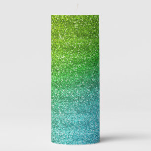 Sparkly Green & Blue Gradient Glitter Pillar Candle