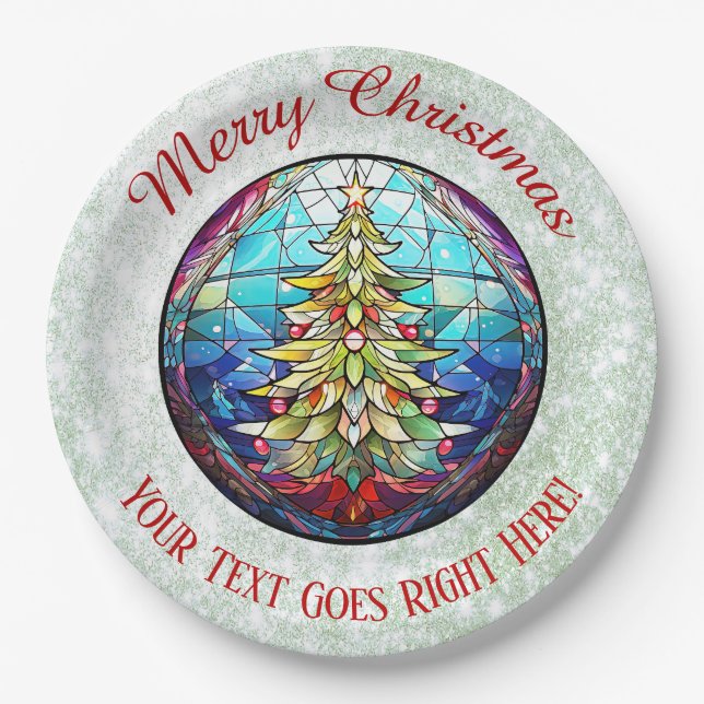 Sparkly Green Glitter Stained Glass Christmas Tree Paper Plates (Front)