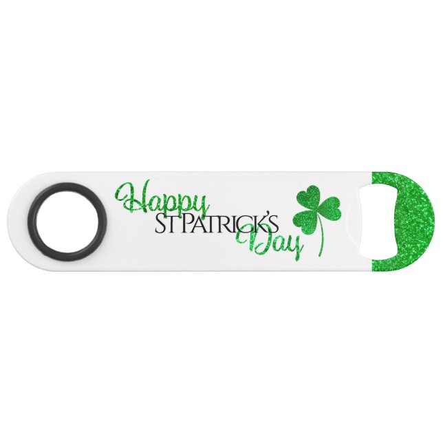 Sparkly Green Shamrock Happy St Patrick’s Day Bar Key (Front (Horizontal))