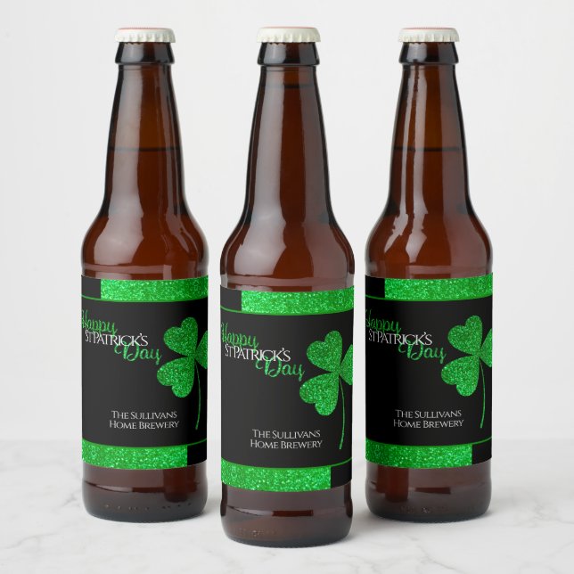 Sparkly Green Shamrock St Patrick Personalized Beer Bottle Label (Bottles)