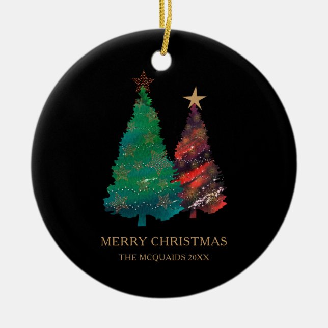 Sparkly Hand Painted Watercolor Christmas Trees Ceramic Ornament (Front)