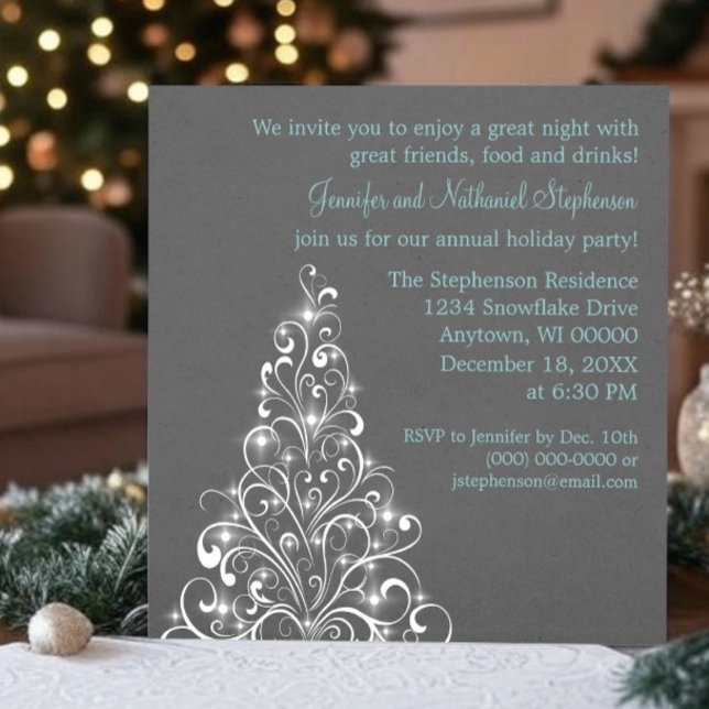 Sparkly Holiday Tree Christmas Party, Dark Gray Invitation (Dark Gray Sparkly Holiday Tree Christmas Party Invitation)