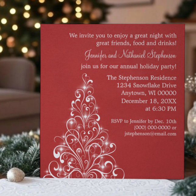 Sparkly Holiday Tree Invite, Dark Red Invitation (Dark Red Sparkly Holiday Tree Christmas Party Invitation)