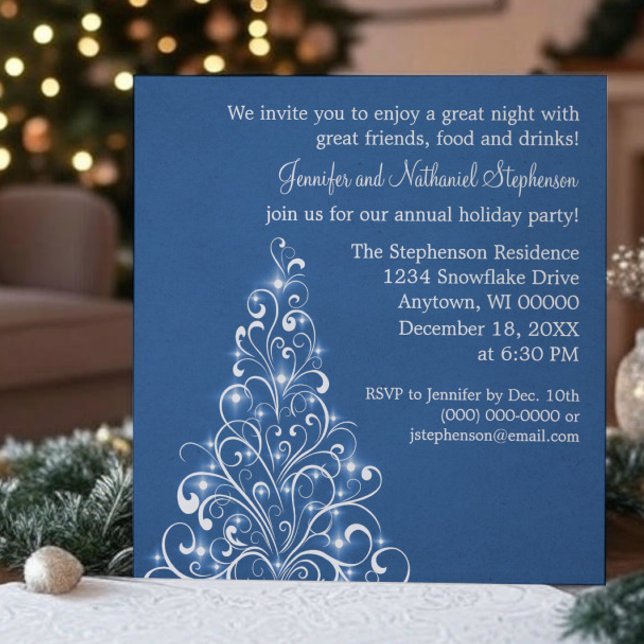 Sparkly Holiday Tree Invite, Royal Blue Invitation (Royal Blue Sparkly Holiday Tree Christmas Party Invitation)