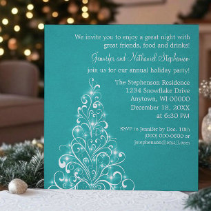 Sparkly Holiday Tree Invite, Teal Invitation